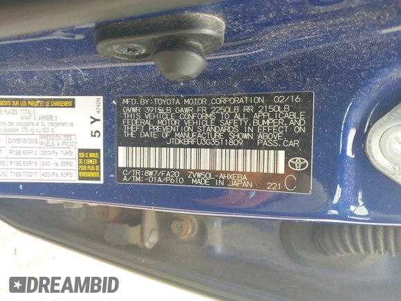 2016 Toyota Prius Two z VIN JTDKBRFU3G3511809, wystawiony jako IAAI lot #42295946 z przebiegiem 118 621 mil mil oraz . Historia ofert i sprzedaży dostępna na DreamBid. Obrazek 9.