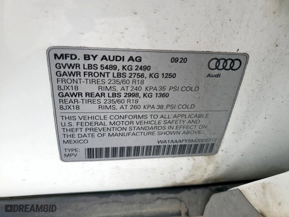 2021 Audi Q5 Premium with VIN WA1AAAFY5M2003212, listed as a Copart auction lot 53697735 with 114,200 mi miles and Clean Title. Bid and sale history available at carsss.com. Image 13.