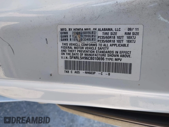 2012 Honda Odyssey Touring with VIN 5FNRL5H96CB010696, listed as a IAAI auction lot 41605868 with 109,411 mi miles and . Bid and sale history available at carsss.com. Image 9.