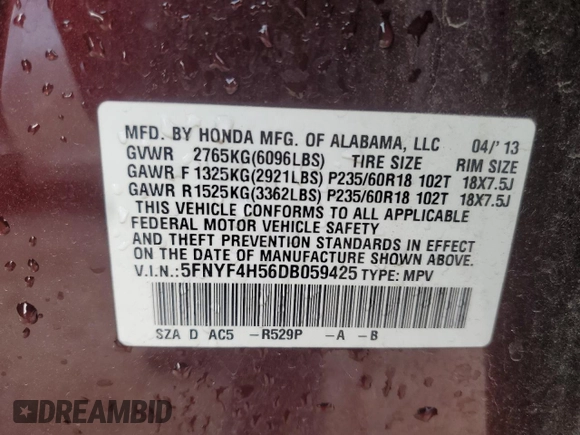 2013 Honda Pilot EX-L with VIN 5FNYF4H56DB059425, listed as a Copart auction lot 52390185 with 130,065 mi miles and Non Repairable. Bid and sale history available at carsss.com. Image 13.