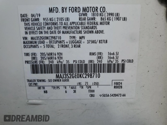 2019 Ford EcoSport SE z VIN MAJ3S2GE0KC298710, wystawiony jako Copart lot #50590975 z przebiegiem 29 259 mil mil oraz Szkody całkowita. Historia ofert i sprzedaży dostępna na DreamBid. Obrazek 15.