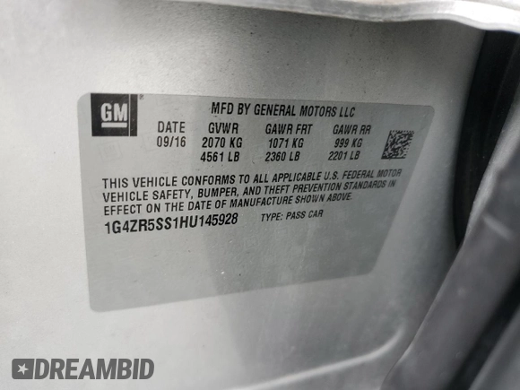 2017 Buick LaCrosse Premium with VIN 1G4ZR5SS1HU145928, listed as a Copart auction lot 60065315 with 89,843 mi miles and Salvage title. Bid and sale history available at DreamBid. Image 13.