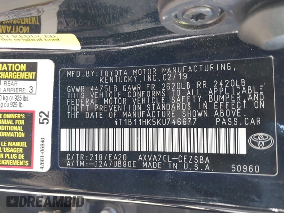 2019 Toyota Camry LE z VIN 4T1B11HK5KU746677, wystawiony jako IAAI lot #41968272 z przebiegiem 78 064 mil mil oraz . Historia ofert i sprzedaży dostępna na DreamBid. Obrazek 9.