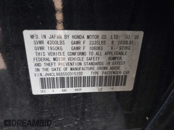 2005 Acura TSX with VIN JH4CL96855C015202, listed as a IAAI auction lot 42374204 with 128,880 mi miles and . Bid and sale history available at DreamBid. Image 9.