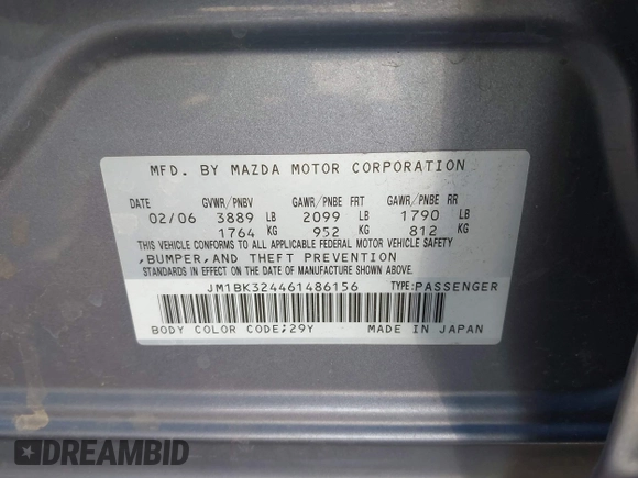2006 Mazda 3 s with VIN JM1BK324461486156, listed as a IAAI auction lot 41967322 with 207,375 mi miles and . Bid and sale history available at DreamBid. Image 9.