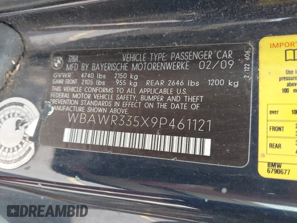 2009 BMW 3 Series 328i with VIN WBAWR335X9P461121, listed as a IAAI auction lot 42685056 with 144,589 mi miles and . Bid and sale history available at DreamBid. Image 9.