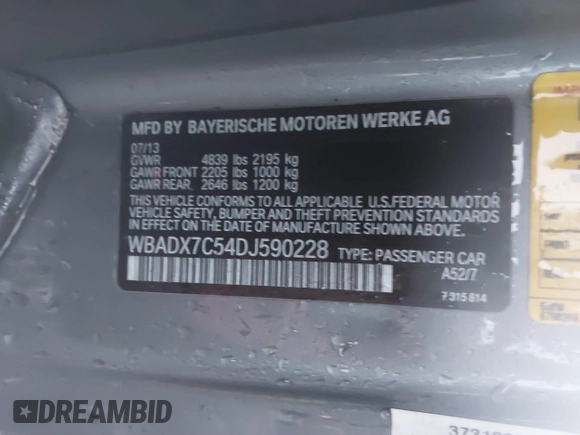 2013 BMW 3 Series 335i with VIN WBADX7C54DJ590228, listed as a IAAI auction lot 41250640 with 112,693 mi miles and . Bid and sale history available at DreamBid. Image 9.
