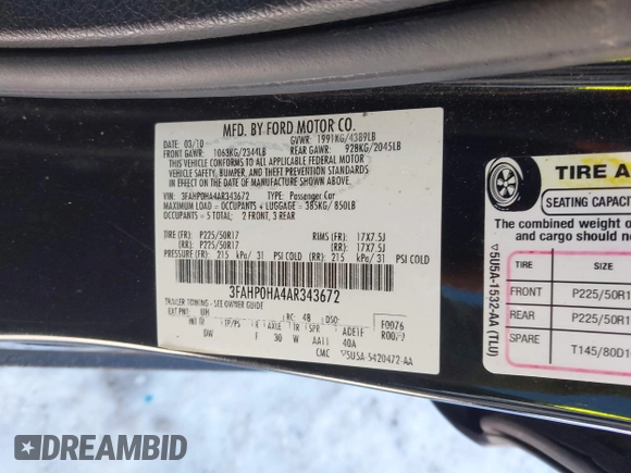 2010 Ford Fusion SE with VIN 3FAHP0HA4AR343672, listed as a IAAI auction lot 41309811 with 135,658 mi miles. Bid and sale history available at carsss.com. Image 8.