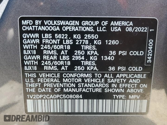 2023 Volkswagen Atlas SE with VIN 1V2DP2CA0PC508084, listed as a Copart auction lot 56982125 with 45,156 mi miles and Salvage title. Bid and sale history available at DreamBid. Image 13.
