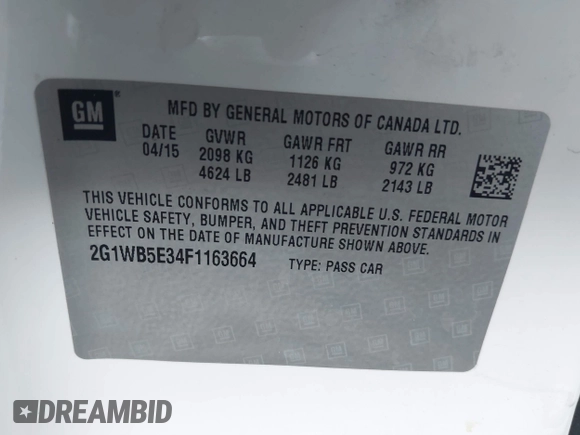 2015 Chevrolet Impala LT with VIN 2G1WB5E34F1163664, listed as a IAAI auction lot 42554594 with 190,850 mi miles and . Bid and sale history available at DreamBid. Image 9.