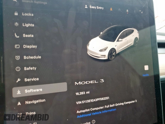 2023 Tesla Model 3 with VIN 5YJ3E1EA3PF562251, listed as a Copart auction lot 58293355 with 16,283 mi miles and Salvage title. Bid and sale history available at DreamBid. Image 9.