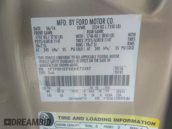 2014 Ford F-150 XL z VIN 1FTFW1EFXEKE72357, wystawiony jako IAAI lot #42199417 z przebiegiem 78 700 mil mil oraz . Historia ofert i sprzedaży dostępna na DreamBid. Obrazek 9.