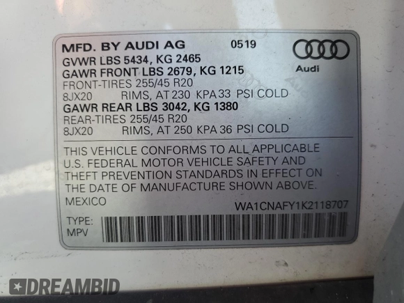 2019 Audi Q5 Prestige с VIN WA1CNAFY1K2118707, выставлен на аукционе Copart как лот 57308405 с пробегом 58 562 миль миль и Списание • Salvage title. История ставок и продаж доступна на DreamBid. Изображение 13.