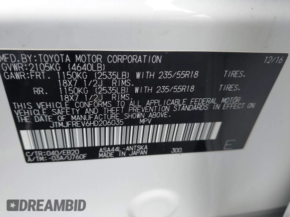 2017 Toyota RAV4 SE with VIN JTMJFREV6HD206035, listed as a IAAI auction lot 42365260 with 50,346 mi miles and . Bid and sale history available at DreamBid. Image 9.