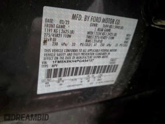2023 Ford Explorer ST-Line with VIN 1FMSK8KH4PGA94157, listed as a Copart auction lot 48852515 with 37,842 mi miles and Salvage title. Bid and sale history available at DreamBid. Image 13.