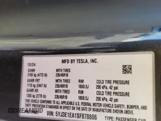 2025 Tesla Model 3 Long Range with VIN 5YJ3E1EA1SF878806, listed as a Copart auction lot 50427005 with 9,790 mi miles and Salvage Title. Bid and sale history available at DreamBid. Image 13.