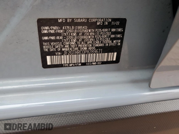 2023 Subaru Crosstrek Special Sports with VIN JF2GTHRC0PH289671, listed as a Copart auction lot 58928995 with 10,639 mi miles and Salvage title. Bid and sale history available at DreamBid. Image 14.