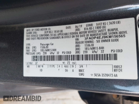 2019 Ford Fiesta SE with VIN 3FADP4EJ9KM156565, listed as a IAAI auction lot 42164212 with 133,759 mi miles and . Bid and sale history available at DreamBid. Image 9.
