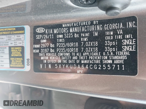 2012 Kia Sorento EX with VIN 5XYKUDA64CG255711, listed as a IAAI auction lot 42625704 with 149,625 mi miles and . Bid and sale history available at DreamBid. Image 9.