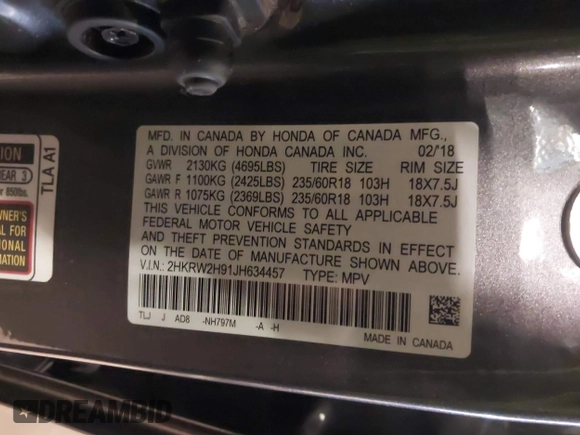 2018 Honda CR-V Touring with VIN 2HKRW2H91JH634457, listed as a IAAI auction lot 41697658 with 101,878 mi miles. Bid and sale history available at carsss.com. Image 9.