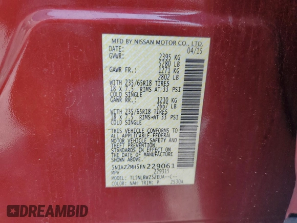 2015 Nissan Murano SL z VIN 5N1AZ2MH5FN229061, wystawiony jako Copart lot #60407145 z przebiegiem 62 908 mil mil oraz Czysty tytuł • Clean title. Historia ofert i sprzedaży dostępna na DreamBid. Obrazek 13.