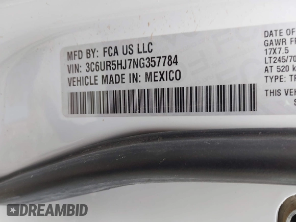 2022 Ram 2500 Tradesman with VIN 3C6UR5HJ7NG357784, listed as a IAAI auction lot 42461659 with 51,897 mi miles and . Bid and sale history available at DreamBid. Image 9.