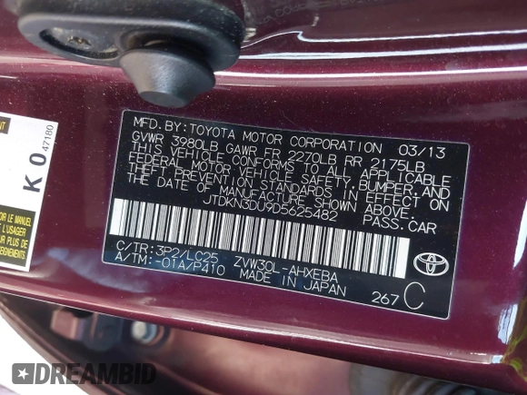 2013 Toyota Prius One with VIN JTDKN3DU9D5625482, listed as a IAAI auction lot 41097664 with 208,416 mi miles. Bid and sale history available at carsss.com. Image 9.