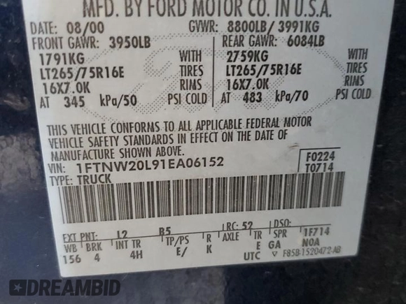 2001 Ford F-250 XL with VIN 1FTNW20L91EA06152, listed as a Copart auction lot 72660874 with 285,235 mi miles and Salvage title. Bid and sale history available at DreamBid. Image 12.