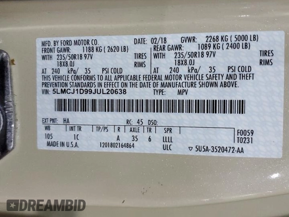2018 Lincoln MKC Premiere with VIN 5LMCJ1D99JUL20638, listed as a Copart auction lot 45982755 with 45,024 mi miles and Clean title. Bid and sale history available at DreamBid. Image 13.