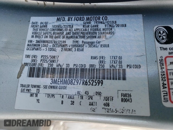 2007 Mercury Milan Premier with VIN 3MEHM08Z97R652599, listed as a Copart auction lot 46596345 with 92,720 mi miles and Salvage Title. Bid and sale history available at carsss.com. Image 14.