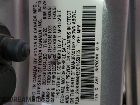 2013 Honda CR-V LX with VIN 2HKRM4H39DH659155, listed as a Copart auction lot 49257105 with 156,412 mi miles and Salvage Title. Bid and sale history available at DreamBid. Image 13.
