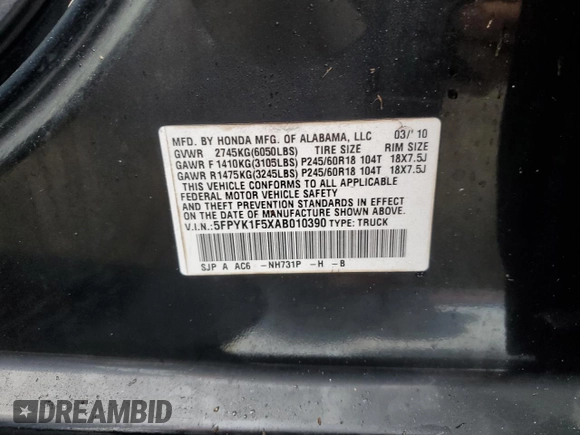 2010 Honda Ridgeline RTL with VIN 5FPYK1F5XAB010390, listed as a Copart auction lot 75039634 with 0 mi miles and Salvage Title. Bid and sale history available at carsss.com. Image 13.