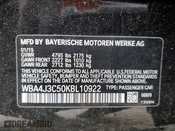 2019 BMW 4 Series 430i xDrive with VIN WBA4J3C50KBL10922, listed as a Copart auction lot 56553475 with 99,685 mi miles and Salvage title. Bid and sale history available at DreamBid. Image 12.
