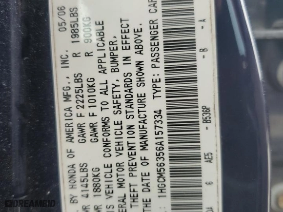2006 Honda Accord Sdn LX SE with VIN 1HGCM56356A157334, listed as a Copart auction lot 44917515 with 0 mi miles and Salvage Title. Bid and sale history available at carsss.com. Image 13.