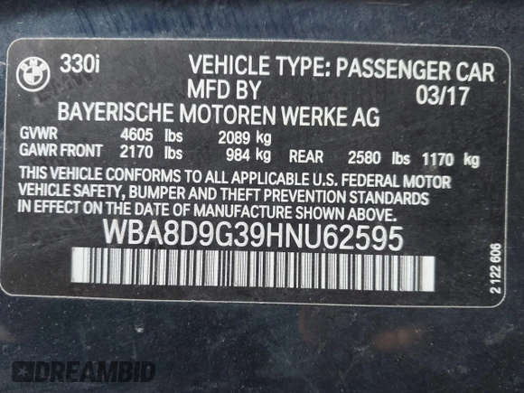 2017 BMW 3 Series 330i xDrive with VIN WBA8D9G39HNU62595, listed as a IAAI auction lot 41811673 with 1 mi miles. Bid and sale history available at carsss.com. Image 9.