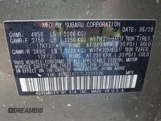 2020 Subaru Outback Premium with VIN 4S4BTACC1L3224596, listed as a IAAI auction lot 42187988 with 59,604 mi miles and . Bid and sale history available at DreamBid. Image 9.