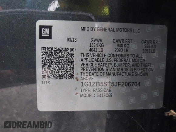 2018 Chevrolet Malibu LS with VIN 1G1ZB5ST5JF206704, listed as a IAAI auction lot 39751544 with 98,510 mi miles and . Bid and sale history available at DreamBid. Image 9.