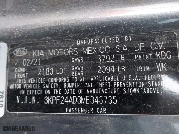 2021 Kia Forte LXS with VIN 3KPF24AD3ME343735, listed as a IAAI auction lot 40950634 with 77,818 mi miles. Bid and sale history available at carsss.com. Image 9.