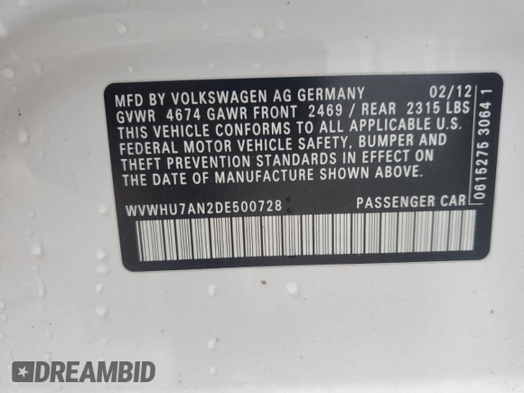 2013 Volkswagen CC VR6 Lux with VIN WVWHU7AN2DE500728, listed as a Copart auction lot 80420134 with 123,161 mi miles and Non Repairable. Bid and sale history available at carsss.com. Image 12.