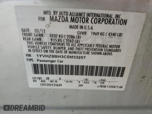 2012 Mazda 6 i Sport with VIN 1YVHZ8BH3C5M33257, listed as a Copart auction lot 56975445 with Not provided miles and Salvage title. Bid and sale history available at DreamBid. Image 12.