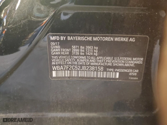 2018 BMW 7 Series 750i xDrive with VIN WBA7F2C52JB238158, listed as a Copart auction lot 76392134 with 0 mi miles and Salvage Title. Bid and sale history available at carsss.com. Image 12.