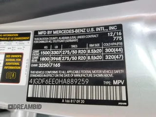 2017 Mercedes-Benz GLS 450 with VIN 4JGDF6EE0HA889259, listed as a Copart auction lot 47283474 with 47,485 mi miles and . Bid and sale history available at DreamBid. Image 13.