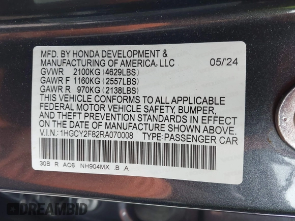 2024 Honda Accord Touring with VIN 1HGCY2F82RA070008, listed as a IAAI auction lot 42027911 with 13,878 mi miles and . Bid and sale history available at DreamBid. Image 9.