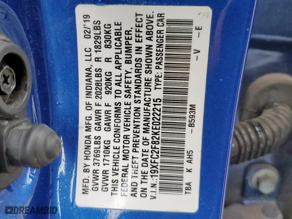 2019 Honda Civic Sedan Sport with VIN 19XFC2F82KE022215, listed as a Copart auction lot 50644045 with 66,756 mi miles and Salvage Title. Bid and sale history available at carsss.com. Image 12.