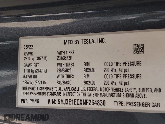 2022 Tesla Model 3 Performance with VIN 5YJ3E1ECXNF264830, listed as a IAAI auction lot 41625494 with Not Provided miles and . Bid and sale history available at carsss.com. Image 9.