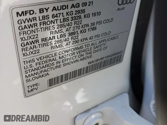 2022 Audi Q8 Premium Plus z VIN WA1BVBF15ND005047, wystawiony jako Copart lot #68349794 z przebiegiem 232 024 mil mil oraz Szkoda całkowita • Salvage title. Historia ofert i sprzedaży dostępna na DreamBid. Obrazek 14.