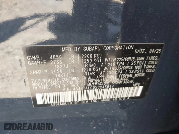 2025 Subaru Outback Onyx with VIN 4S4BTALC0S3245647, listed as a IAAI auction lot 42647564 with 3,472 mi miles and . Bid and sale history available at DreamBid. Image 9.