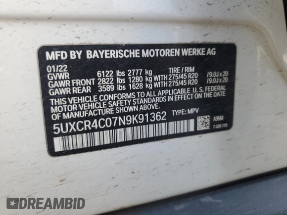 2022 BMW X5 sDrive40i with VIN 5UXCR4C07N9K91362, listed as a Copart auction lot 47933285 with 61,766 mi miles and Salvage Title. Bid and sale history available at carsss.com. Image 13.
