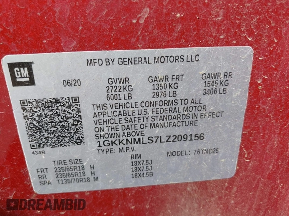 2020 GMC Acadia SLT with VIN 1GKKNMLS7LZ209156, listed as a IAAI auction lot 41769122 with 39,131 mi miles and . Bid and sale history available at DreamBid. Image 9.