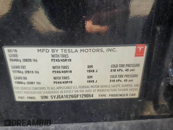 2016 Tesla Model S 90D с VIN 5YJSA1E26GF129054, выставлен на аукционе Copart как лот 54597655 с пробегом 158 158 миль миль и Списание • Salvage title. История ставок и продаж доступна на DreamBid. Изображение 12.